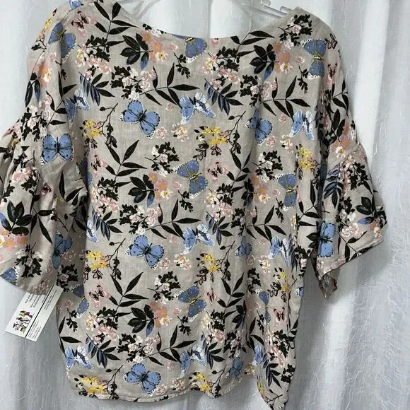 Viola Borghi Women's Top Tan w/ Floral Print Linen Size Med - Picture 6 of 6